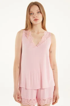 Short Sleeveless Pajamas In Viscose And Lace - Short Pajamas - Women | Tezenis