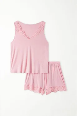 Short Sleeveless Pajamas In Viscose And Lace - Short Pajamas - Women | Tezenis