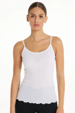 Spaghetti Strap Tank Top In 100% Ribbed Cotton And Satin - Tank Tops - Women | Tezenis