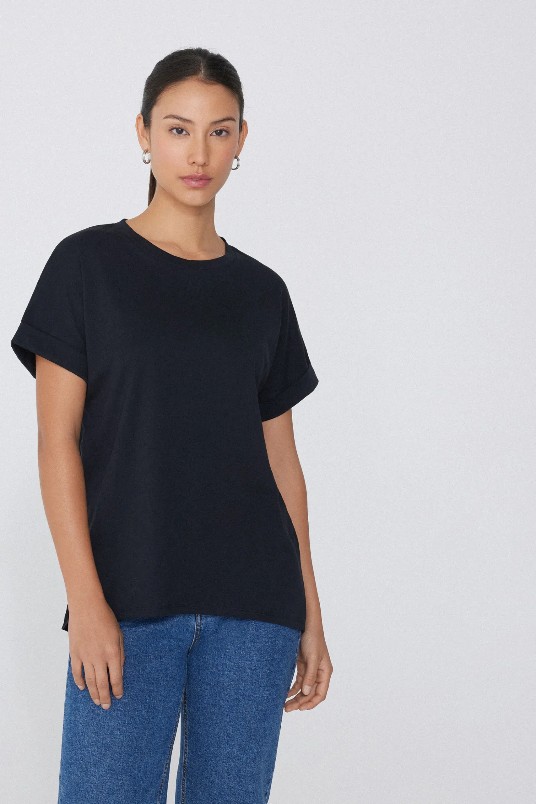 Turned-Up Kimono Sleeve Cotton T-Shirt - Short-Sleeved Tops - Women | Tezenis