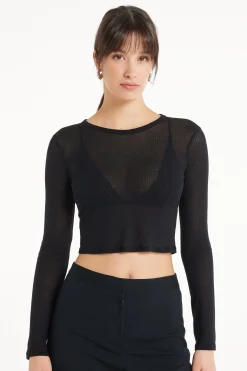 Ultra-Lightweight Long-Sleeved Ribbed Viscose Crop Top - Long-Sleeved Tops - Women | Tezenis