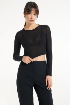 Ultra-Lightweight Long-Sleeved Ribbed Viscose Crop Top - Long-Sleeved Tops - Women | Tezenis