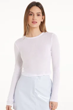 Ultra-Lightweight Long-Sleeved Ribbed Viscose Crop Top - Long-Sleeved Tops - Women | Tezenis