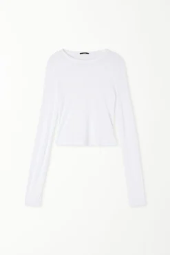 Ultra-Lightweight Long-Sleeved Ribbed Viscose Crop Top - Long-Sleeved Tops - Women | Tezenis