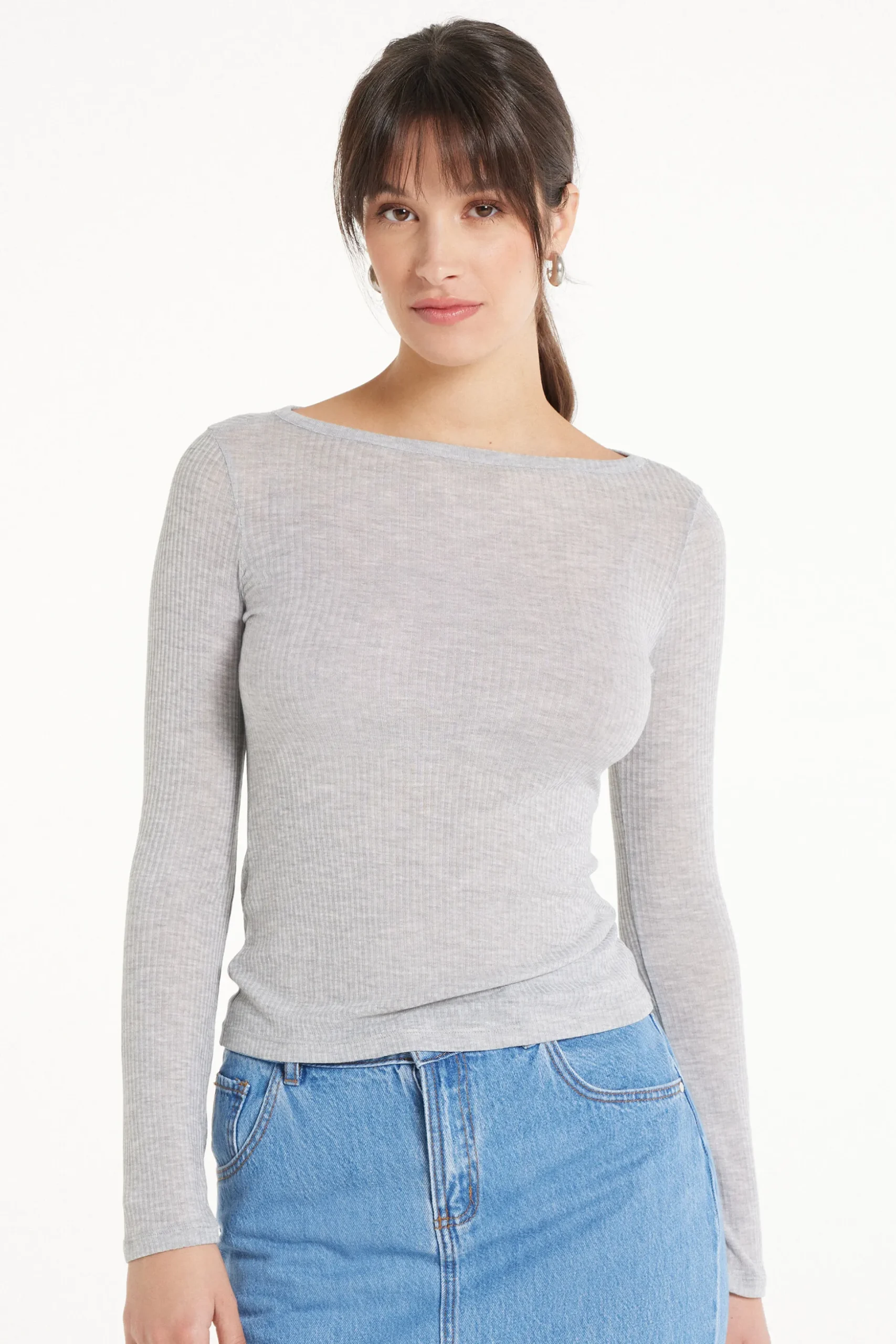 Ultra-Lightweight Long-Sleeved Ribbed Viscose Boat-Neck Top - Long-Sleeved Tops - Women | Tezenis