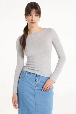 Ultra-Lightweight Long-Sleeved Ribbed Viscose Boat-Neck Top - Long-Sleeved Tops - Women | Tezenis