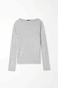 Ultra-Lightweight Long-Sleeved Ribbed Viscose Boat-Neck Top - Long-Sleeved Tops - Women | Tezenis