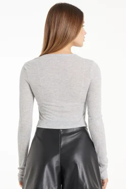 Ultra-Lightweight Long-Sleeved Ribbed Viscose Crop Top - Long-Sleeved Tops - Women | Tezenis