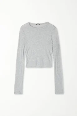 Ultra-Lightweight Long-Sleeved Ribbed Viscose Crop Top - Long-Sleeved Tops - Women | Tezenis