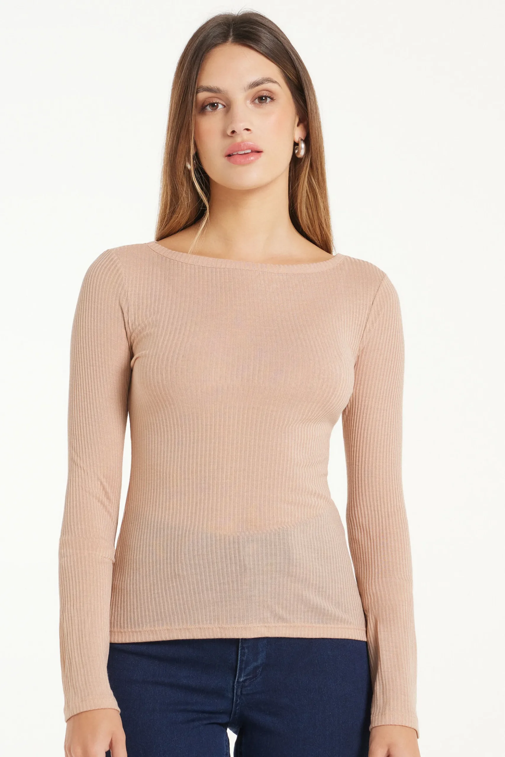 Ultra-Lightweight Long-Sleeved Ribbed Viscose Boat-Neck Top - Long-Sleeved Tops - Women | Tezenis
