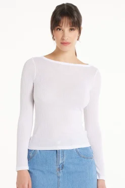 Ultra-Lightweight Long-Sleeved Ribbed Viscose Boat-Neck Top - Long-Sleeved Tops - Women | Tezenis