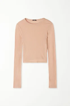 Ultra-Lightweight Long-Sleeved Ribbed Viscose Crop Top - Long-Sleeved Tops - Women | Tezenis