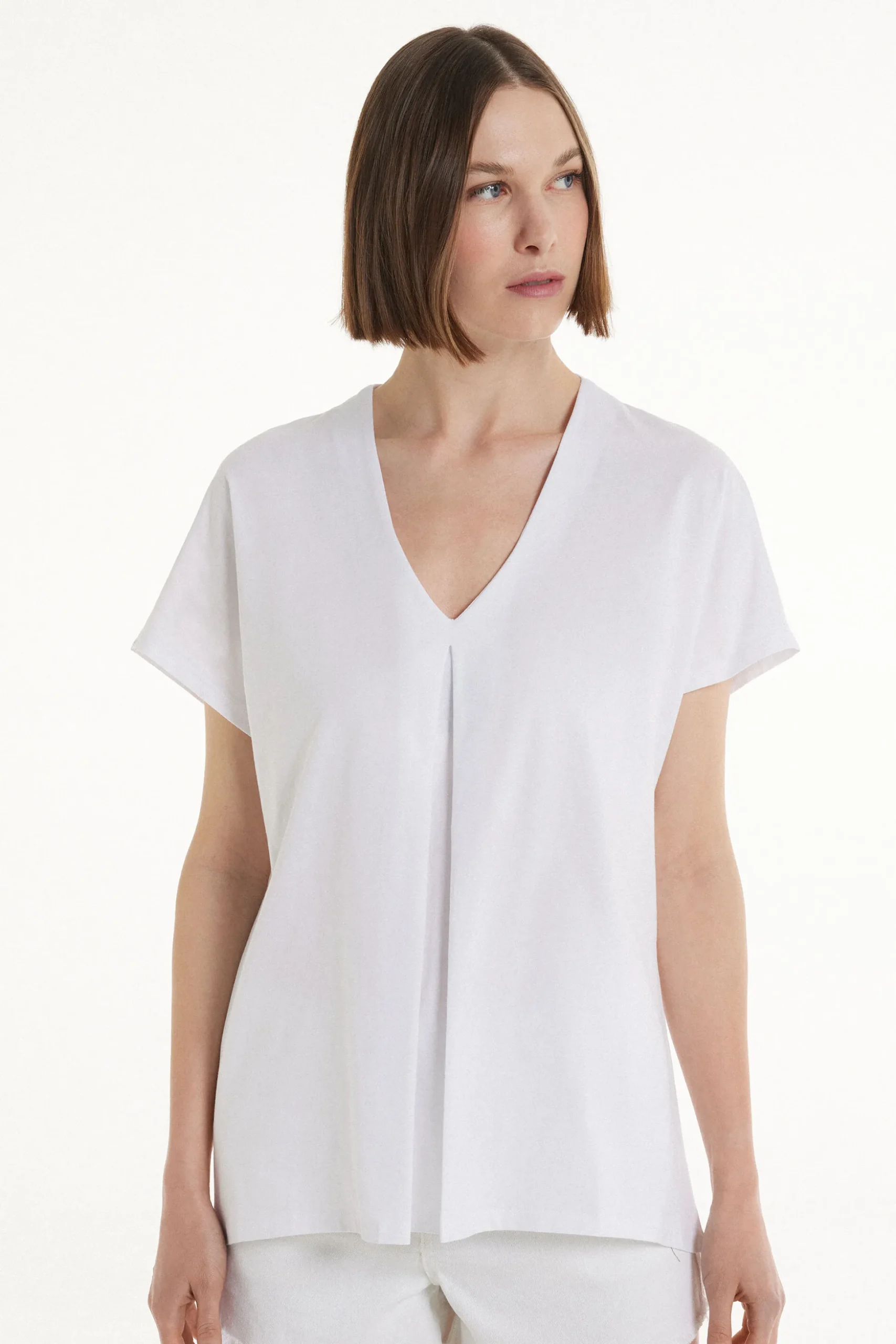 V-Neck Cotton T-Shirt With Dart - Short-Sleeved Tops - Women | Tezenis