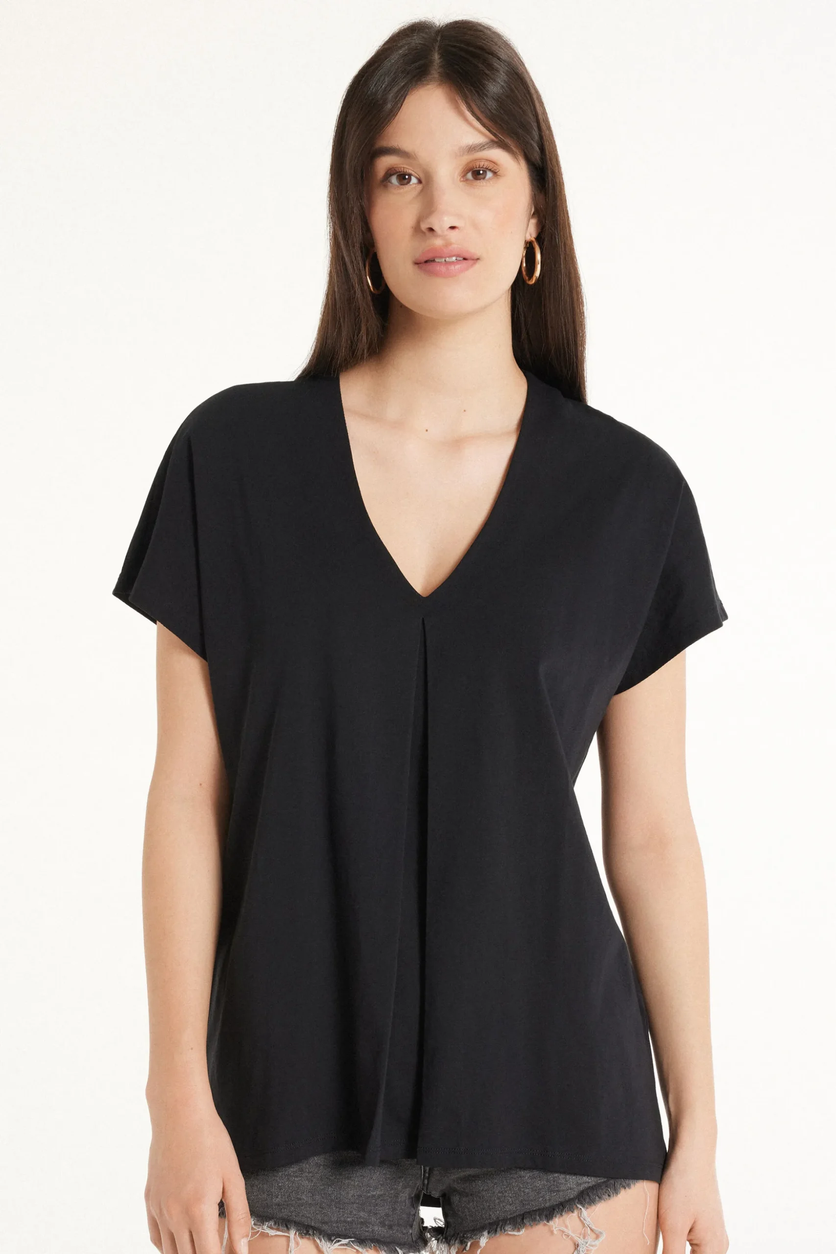 V-Neck Cotton T-Shirt With Dart - Short-Sleeved Tops - Women | Tezenis