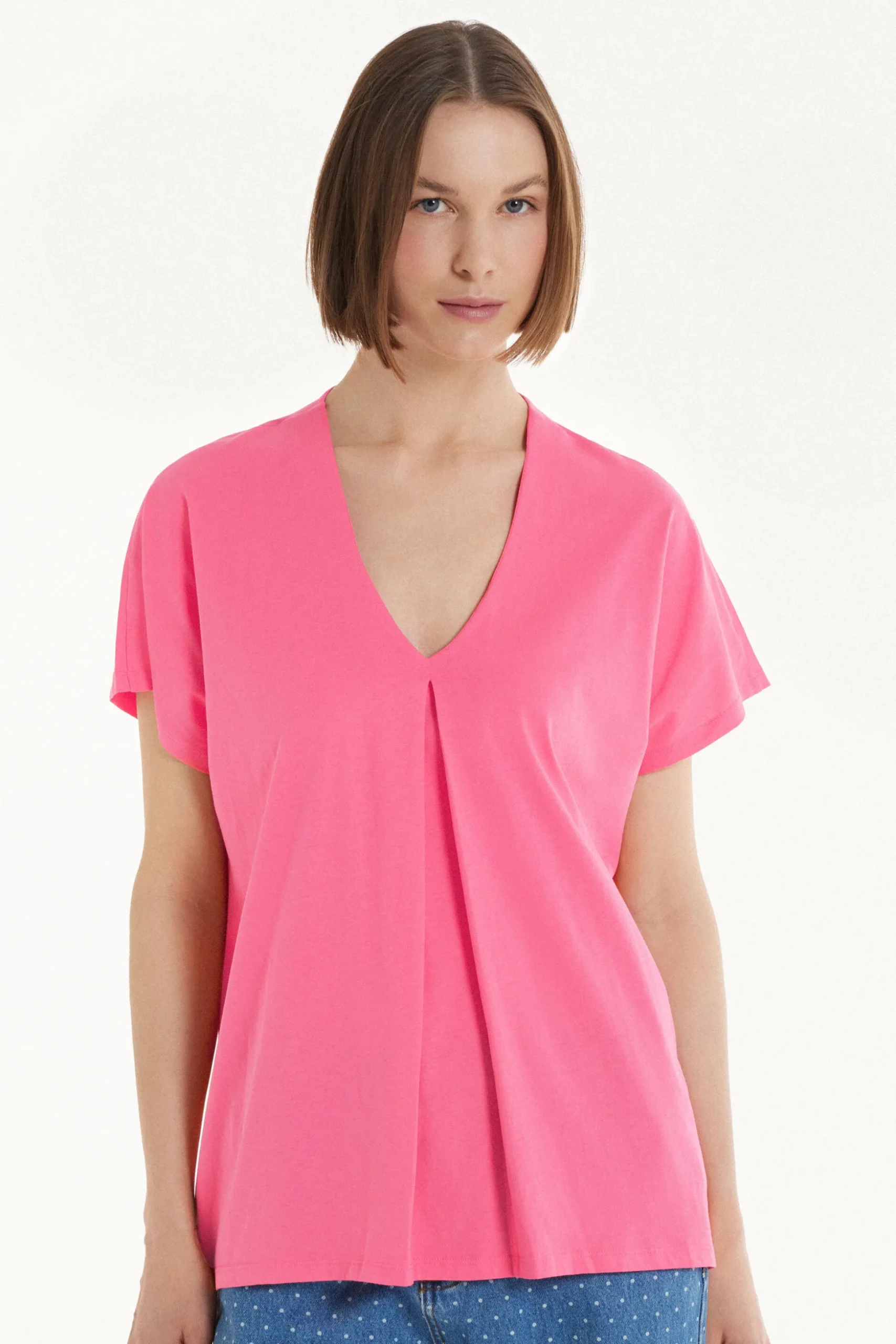 V-Neck Cotton T-Shirt With Dart - Short-Sleeved Tops - Women | Tezenis