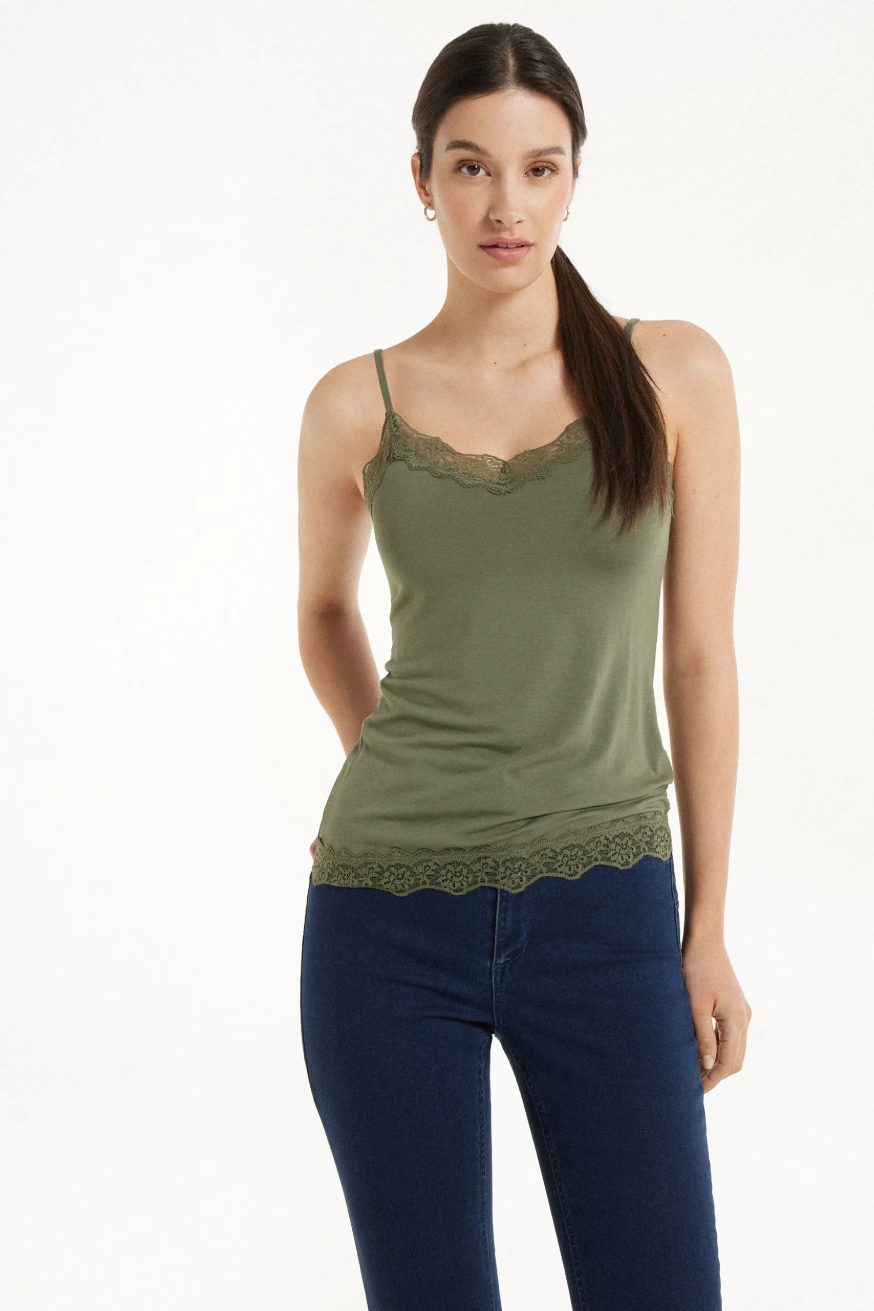 V-Neck Viscose Camisole With Lace - Tank Tops - Women | Tezenis