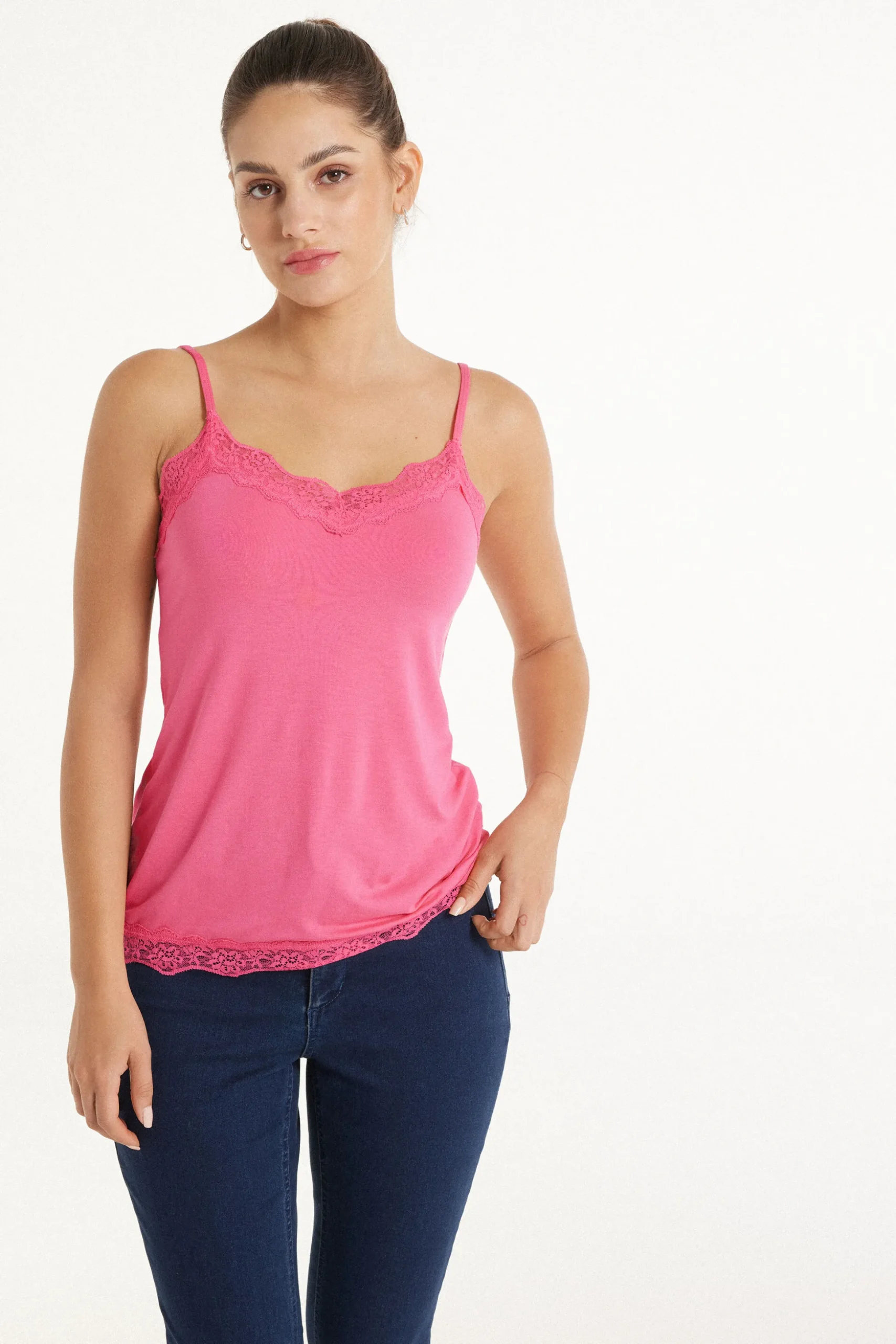 V-Neck Viscose Camisole With Lace - Tank Tops - Women | Tezenis