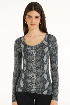 Wide Neck Long Sleeve Top In Printed Viscose - Long-Sleeved Tops - Women | Tezenis