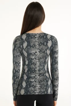 Wide Neck Long Sleeve Top In Printed Viscose - Long-Sleeved Tops - Women | Tezenis
