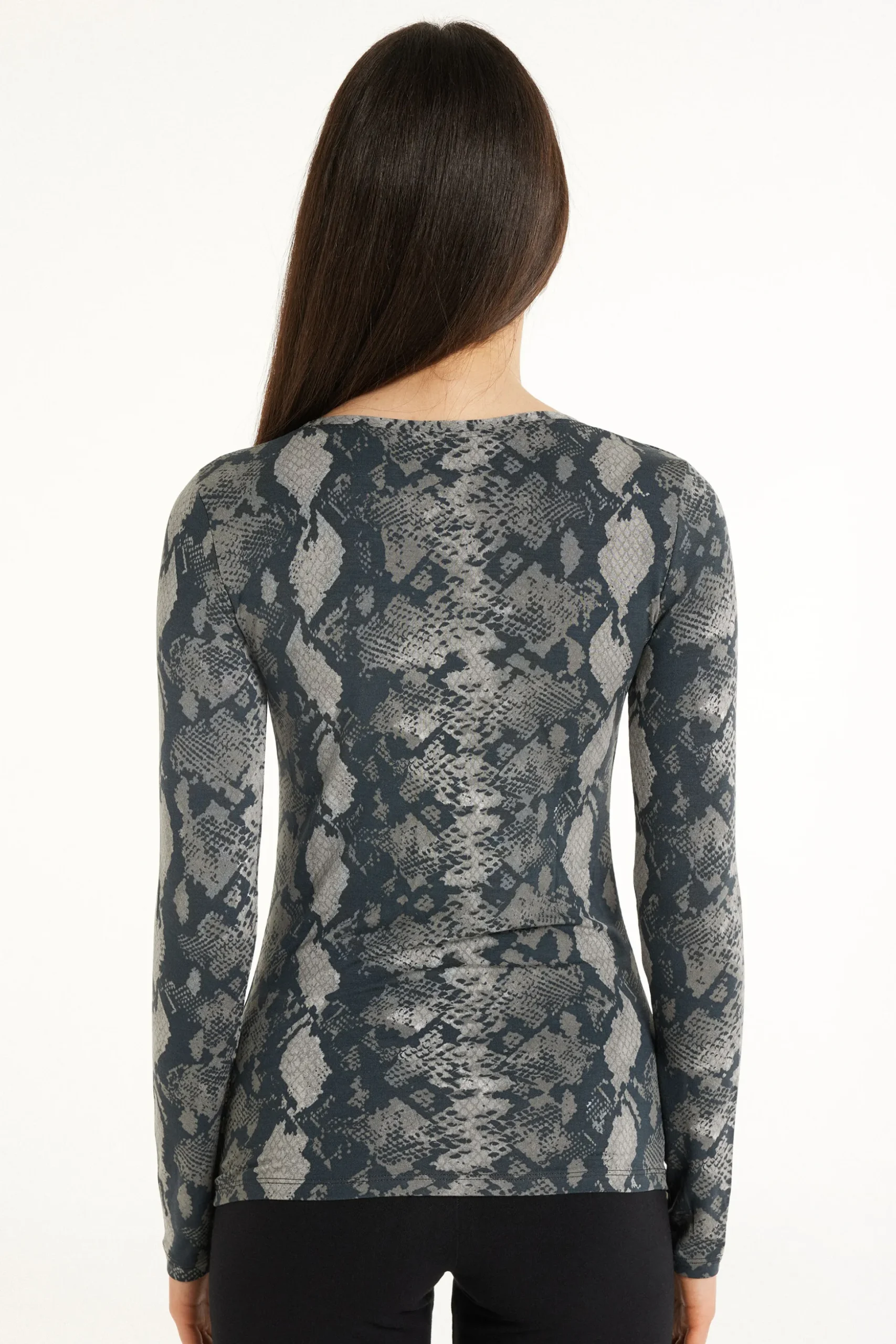 Wide Neck Long Sleeve Top In Printed Viscose - Long-Sleeved Tops - Women | Tezenis