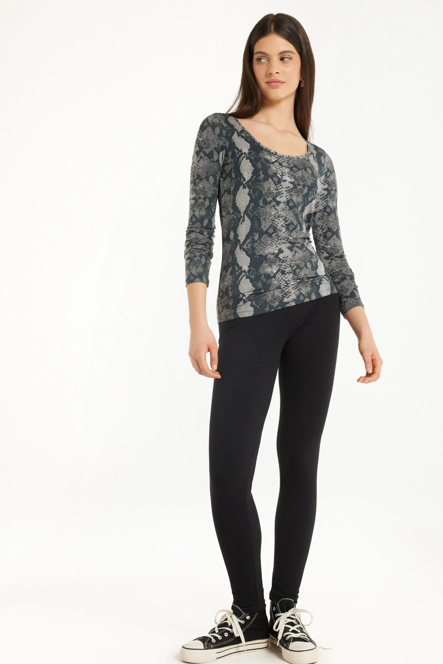 Wide Neck Long Sleeve Top In Printed Viscose - Long-Sleeved Tops - Women | Tezenis
