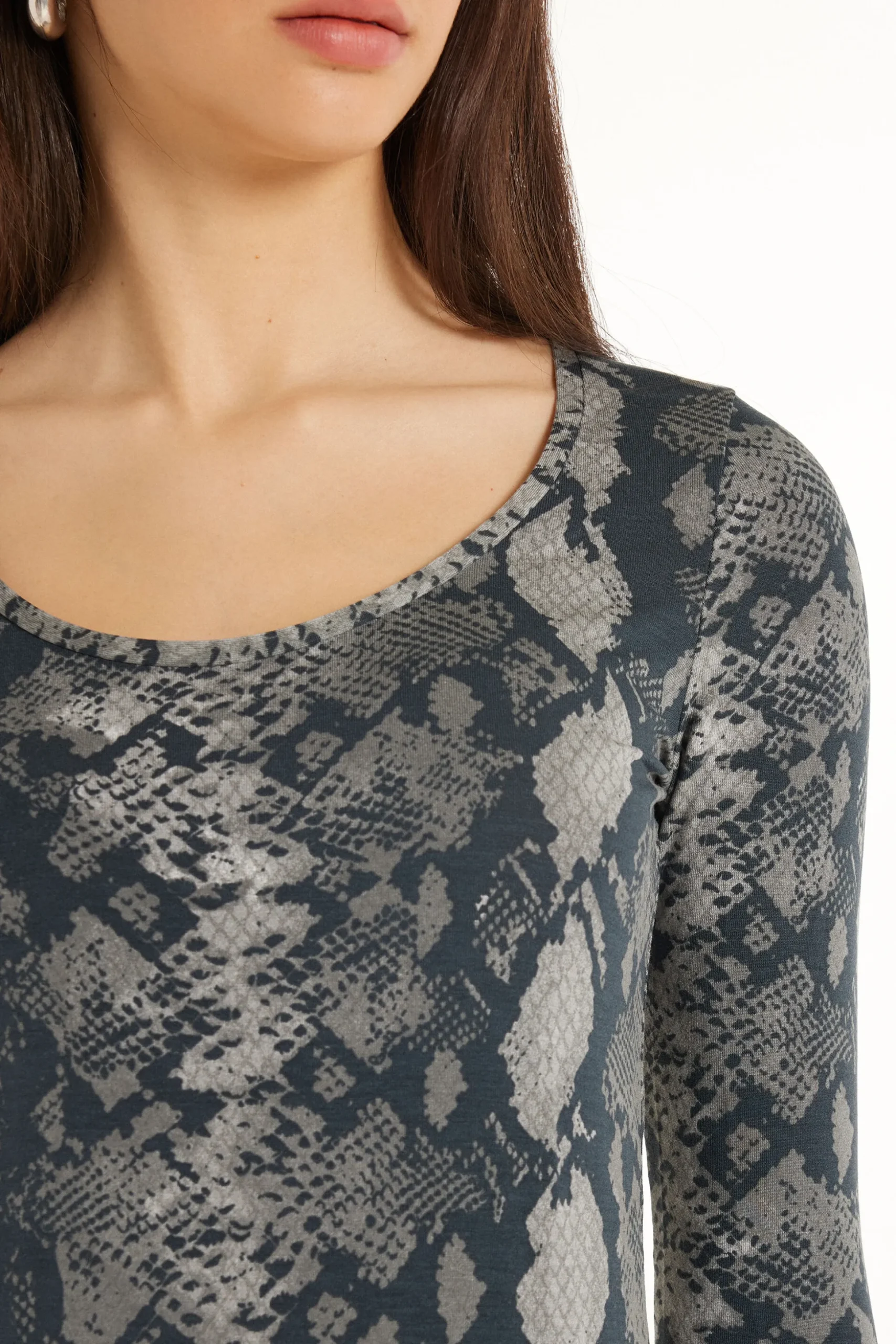 Wide Neck Long Sleeve Top In Printed Viscose - Long-Sleeved Tops - Women | Tezenis