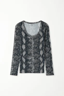 Wide Neck Long Sleeve Top In Printed Viscose - Long-Sleeved Tops - Women | Tezenis