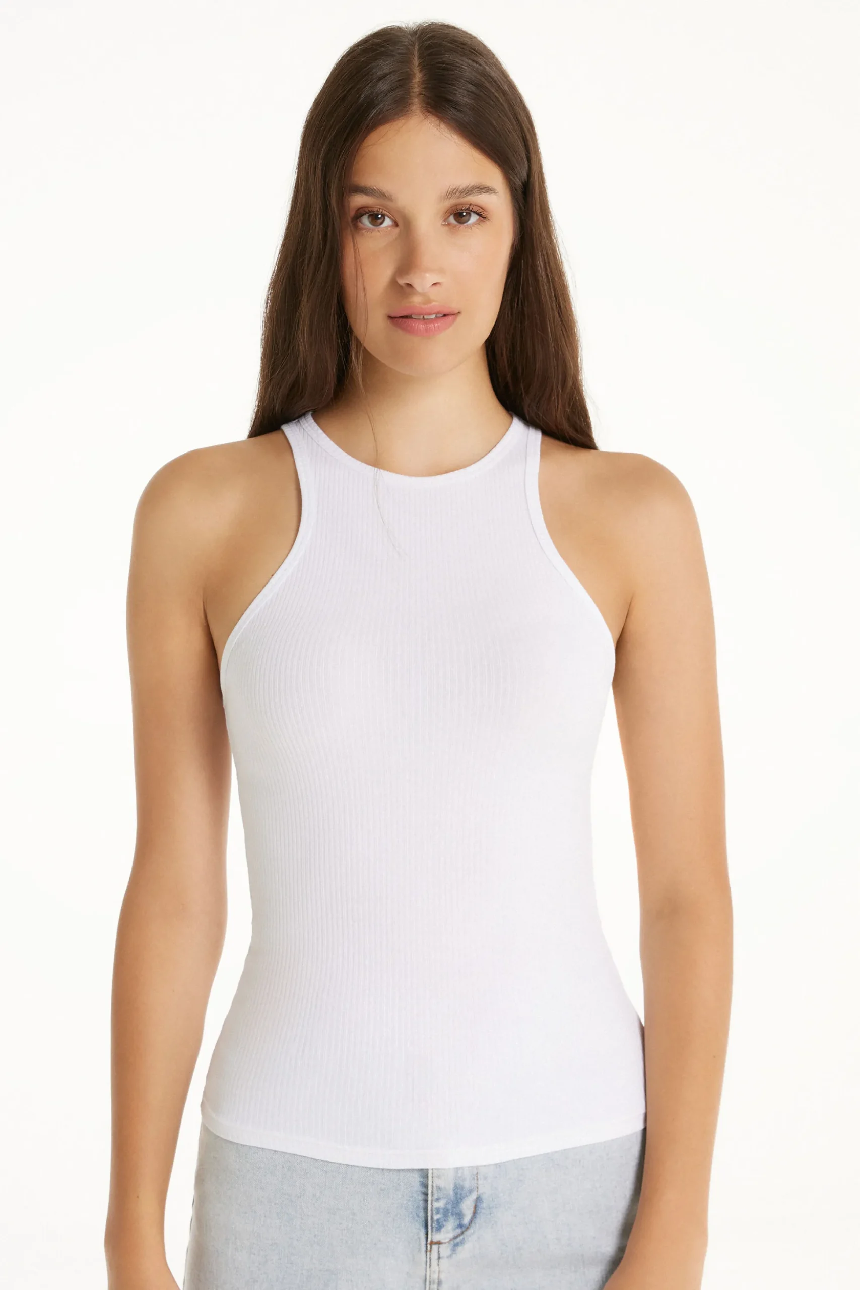 Wide-Strap Ribbed Cotton Halter Tank Top - Tank Tops - Women | Tezenis