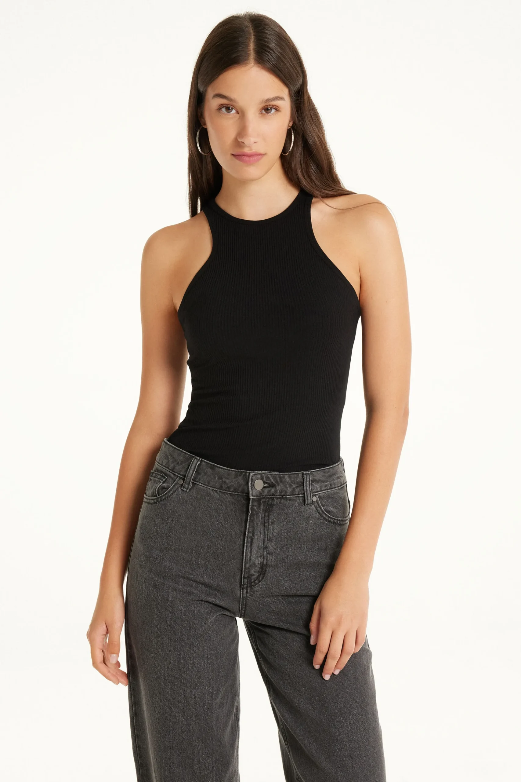Wide-Strap Ribbed Cotton Halter Tank Top - Tank Tops - Women | Tezenis