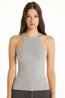 Wide-Strap Ribbed Cotton Halter Tank Top - Tank Tops - Women | Tezenis